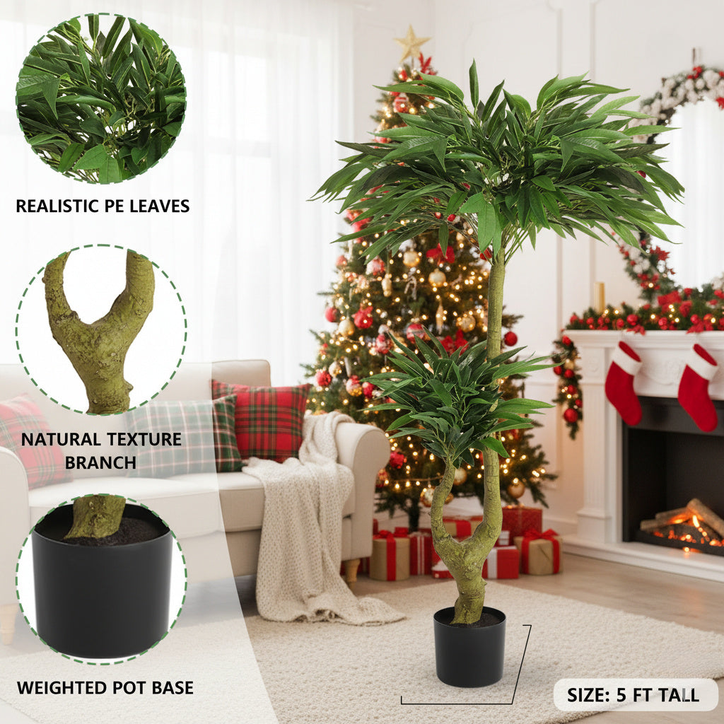 5FT Artificial Tree With Natural Foliage In Black Pot Willow Silk Indoor Plant For Home Office Living Room Decor Maintenance Free